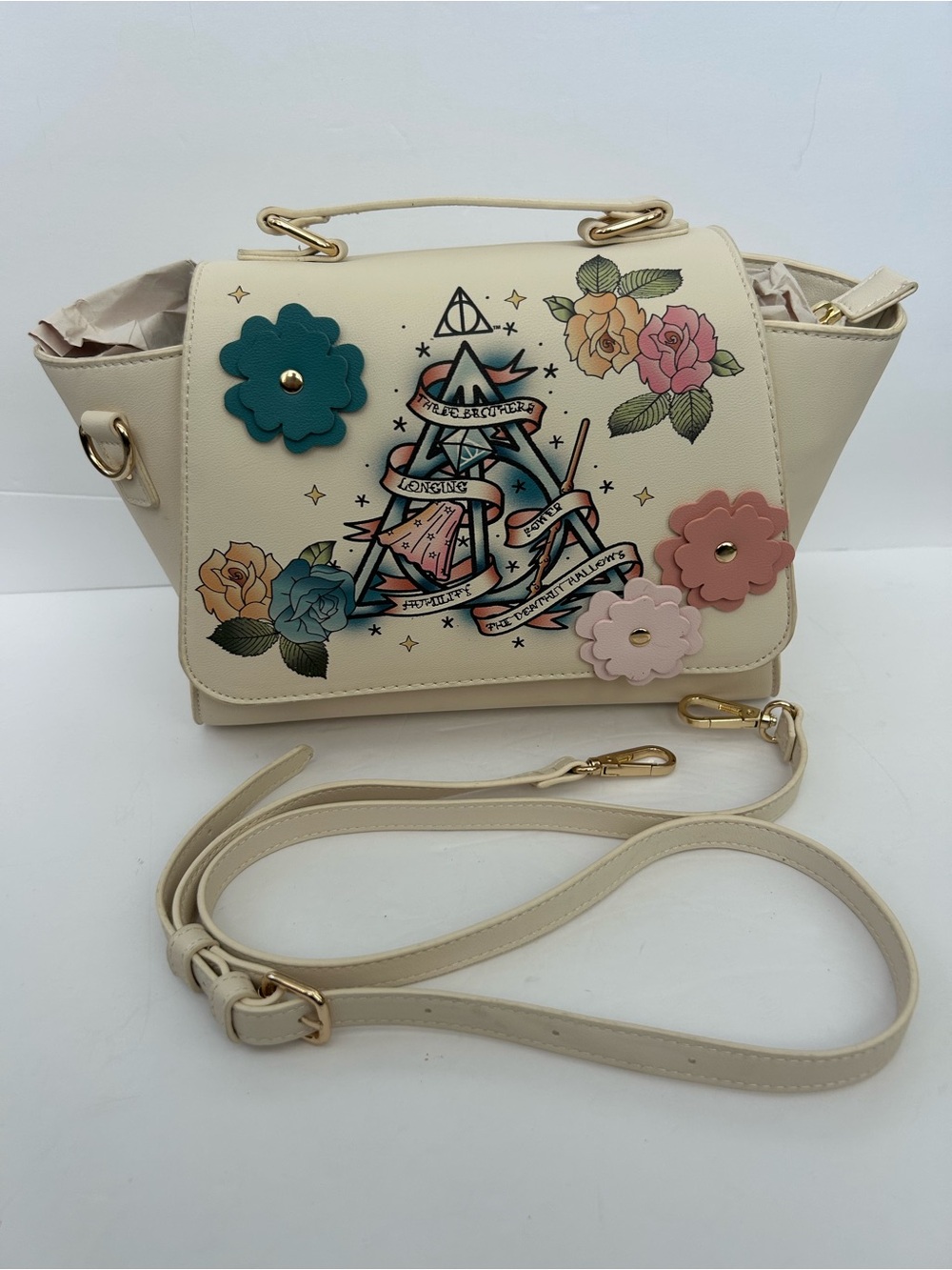 BioWorld Harry Potter Deathly Hallows Floral Applique Satchel Crossbody Bag